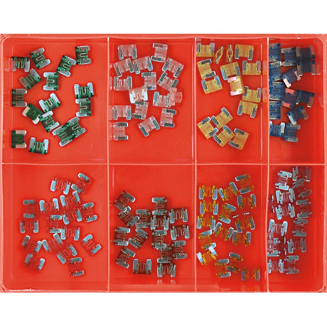 "120pc Champion Low Profile Blade Fuse Assortment, featuring fuses from 3 to 30 Amps for automotive and household use."