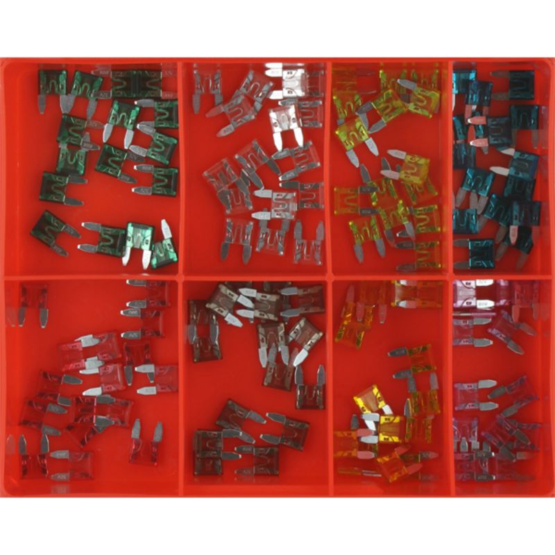 120-piece mini blade fuse assortment with fuses ranging from 3 to 30 Amps, ideal for automotive electrical repairs.