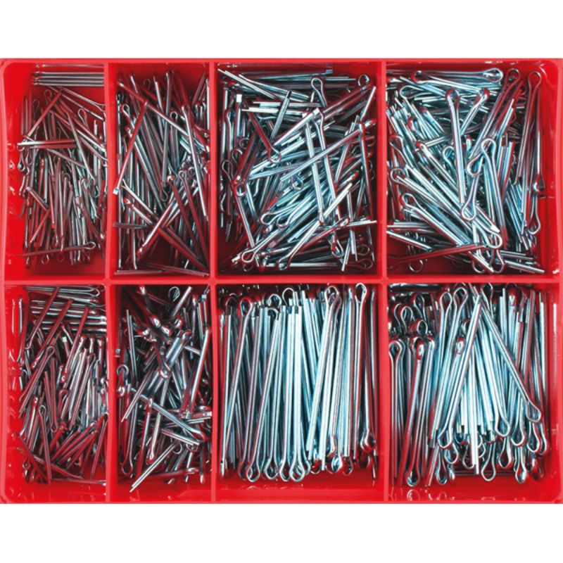 Champion 800pc Split Pin Assortment featuring zinc-plated pins in 8 sizes for durable fastening in various projects.