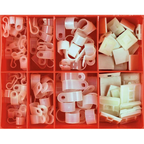 Assorted 124-piece nylon P-clamps and cable tie mounts for effective cable management in home, office, or industrial use.