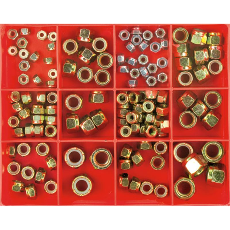 Champion 131pc UNF/UNC self-locking nut assortment featuring 12 sizes, nylon inserts, and zinc-plated durability for secure connections.