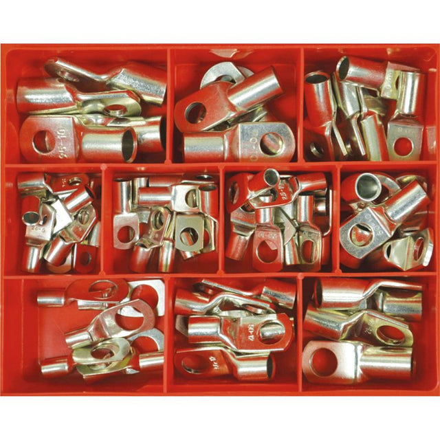 Assorted 66pc Champion cable lugs kit, featuring 10 sizes for strong electrical connections, suitable for 25mm to 95mm cables.