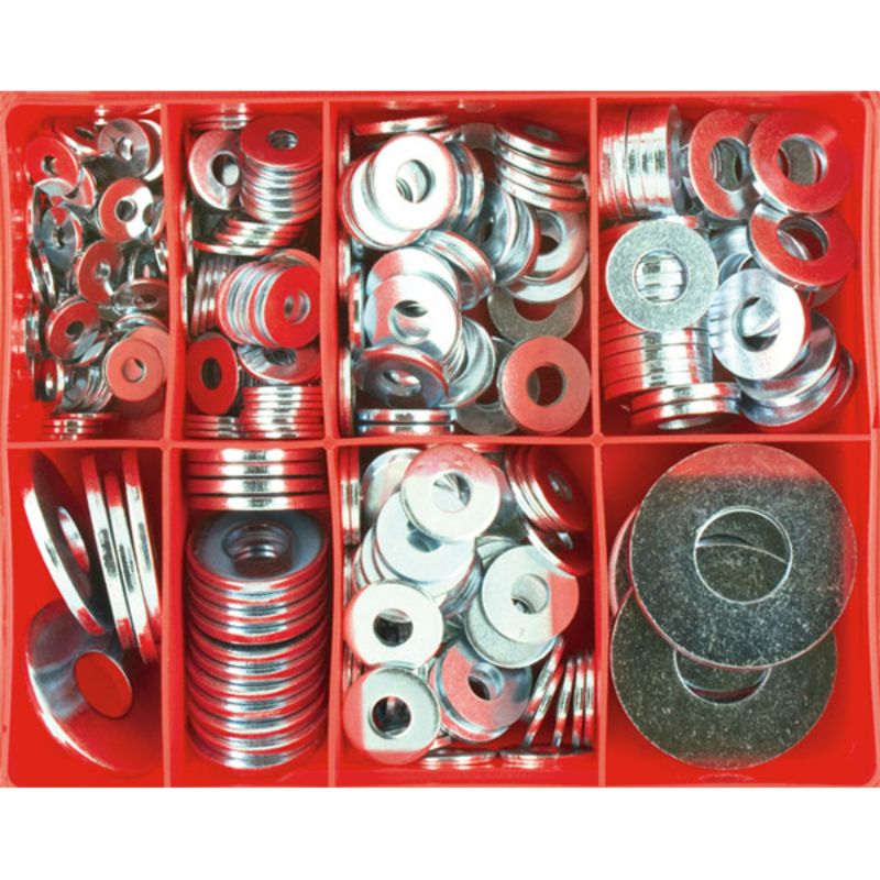 Champion 325pc Super Heavy Duty Flat Washer Assortment with zinc plating, featuring eight sizes, ideal for various fastening needs.