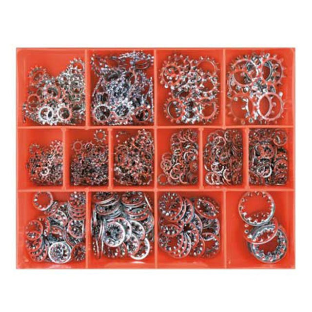 560-piece metric star washer assortment in zinc-plated finish, featuring 14 sizes for reliability in various fastening projects.