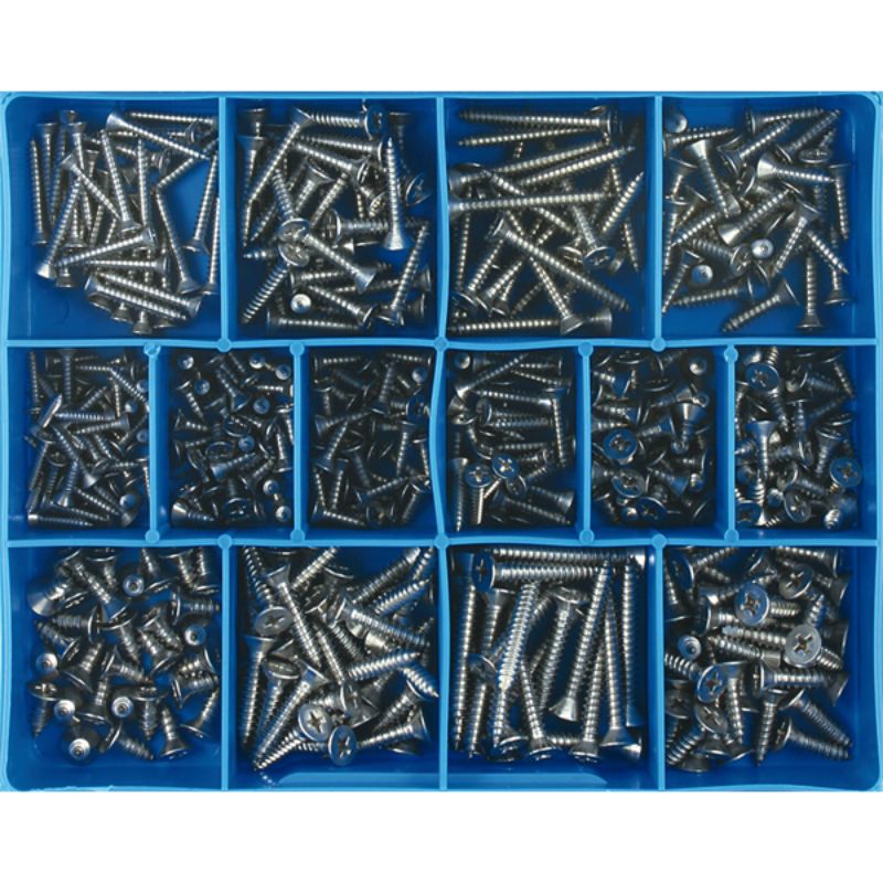 415-piece self-tapping screw assortment in 304/A2 stainless steel, with 15 sizes for versatile fastening in DIY and professional projects.