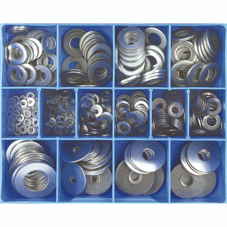 Champion 385pc Flat Washer Assortment in stainless steel, featuring 16 sizes for secure fastenings and corrosion resistance.