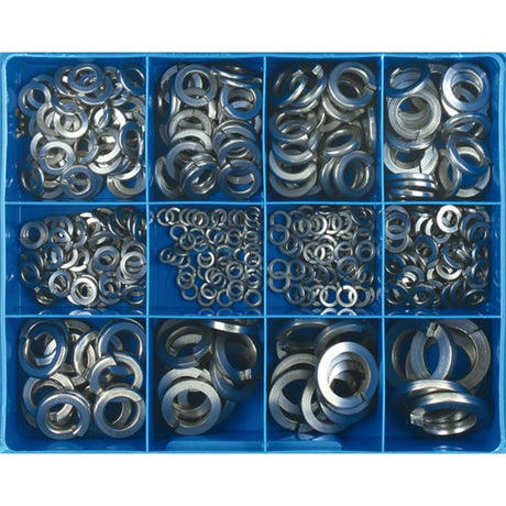 Champion 345pc stainless steel spring washer assortment in 12 sizes, perfect for diverse DIY and professional fastening tasks.