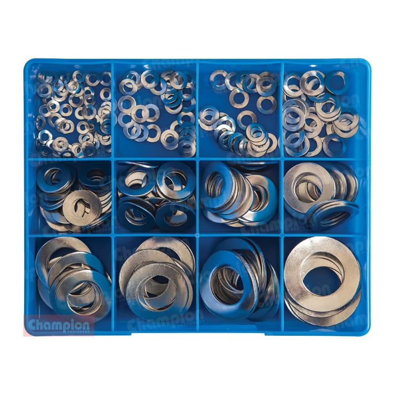 Champion 255pc Metric Wave Washer Assortment featuring 13 sizes of durable 304/A2 stainless steel washers for reliable performance.