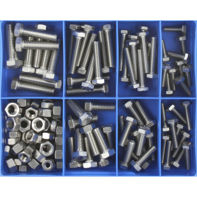 140-piece UNC set screw and nut assortment in high-grade 316/A4 stainless steel, perfect for DIY and professional projects.