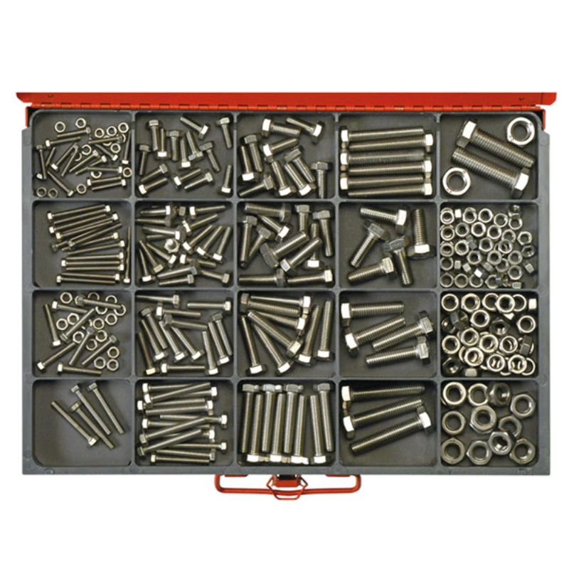 A comprehensive 316pc metric set of 304/A2 stainless steel screws and nuts, featuring 16 sizes from M4 to M12.