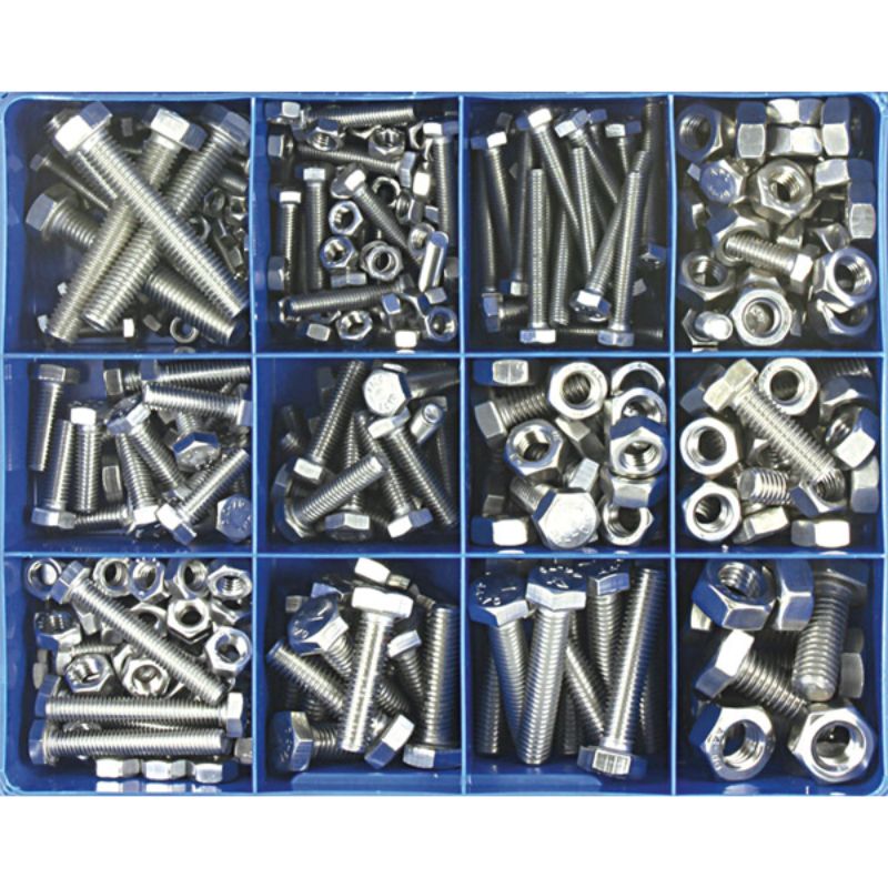 328-piece metric set screw and nut assortment in 316/A4 stainless steel, featuring 13 sizes for versatile fastening solutions.