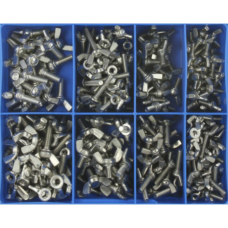 Champion 230pc Wing Screw & Nut Assortment in stainless steel 316/A4, featuring 11 sizes for diverse fastening needs.