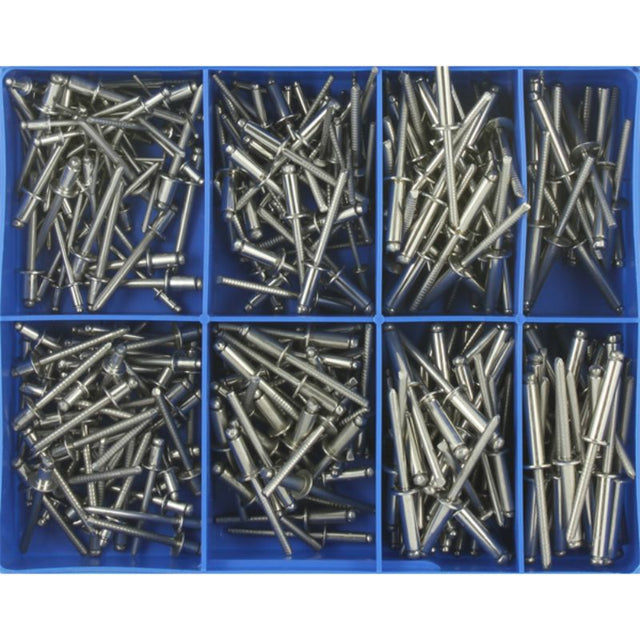 A collection of 330 stainless steel blind rivets in 16 sizes for versatile metalworking, woodworking, and automotive projects.