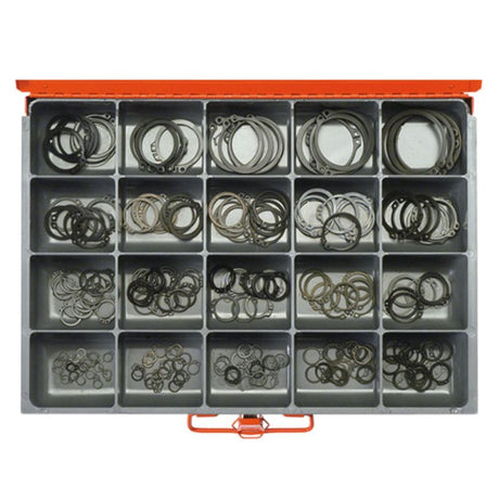 260-piece metric external circlip kit with 20 sizes, perfect for automotive and machinery applications.