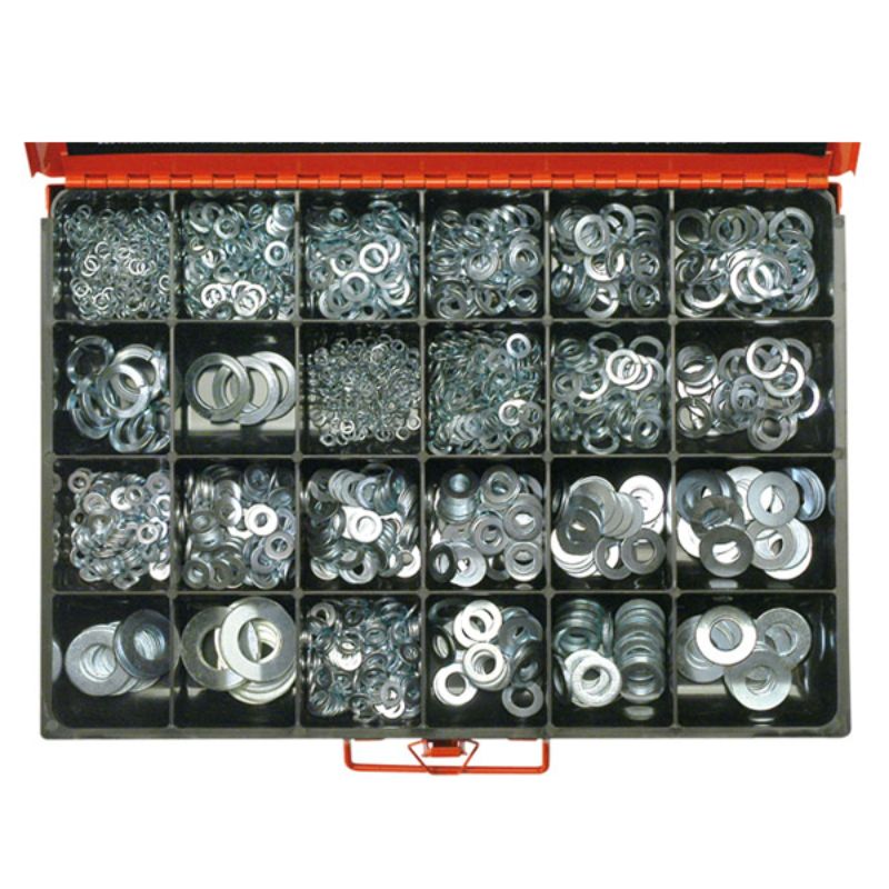 Assorted 1628pc zinc plated flat and spring washers in metric and imperial sizes for durable fastening solutions.