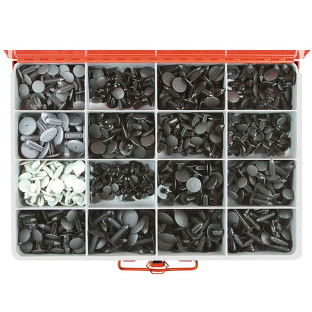 690-piece Champion Master Kit featuring 16 types of durable auto trim clips for Christmas tree decorating and automotive needs.