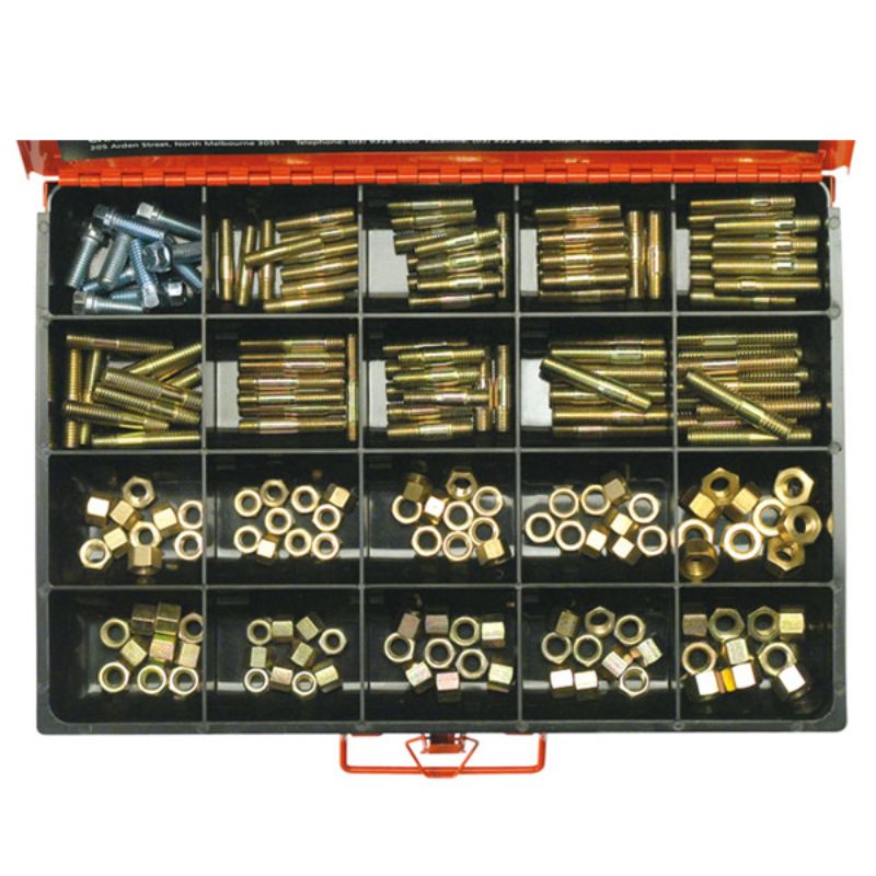 200pc Champion Master Manifold Studs and Nuts set, featuring brass and steel components in various sizes for DIY and professional use.