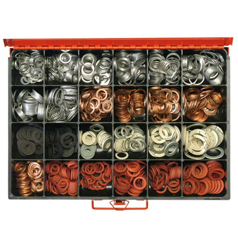 A comprehensive 1015-piece assortment of durable drain plug washers in various sizes for all plumbing projects.