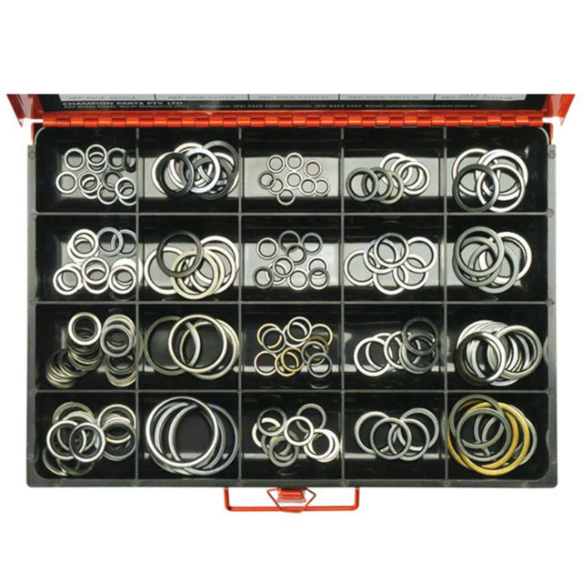 173-piece Champion Master Kit featuring bonded seal washers in 22 sizes, ideal for plumbing and automotive sealing tasks.