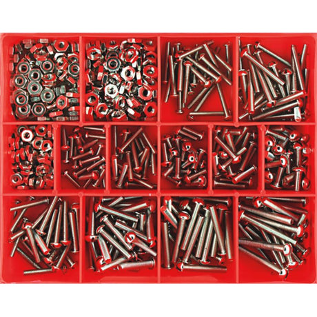 300pc nickel-plated screw and nut assortment featuring 11 sizes for versatile fastening in various DIY and repair projects.