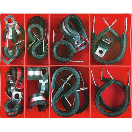 Champion 28pc Pipe Support Anchor Assortment featuring durable metal supports with rubber coating for various pipe sizes.