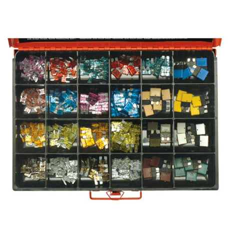 Comprehensive 400pc auto blade fuse kit with fuses from 3-30Amp, includes AF, micro, mini fuses, and circuit breakers for repairs.