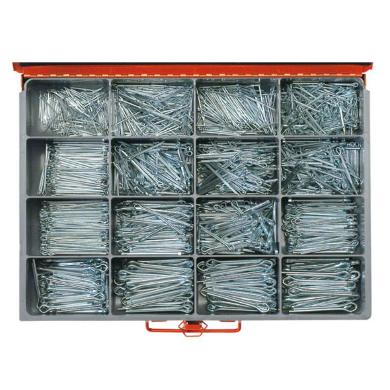 Comprehensive 1540-piece zinc plated steel split pin assortment in a metal case, featuring 16 sizes for versatile fastening.