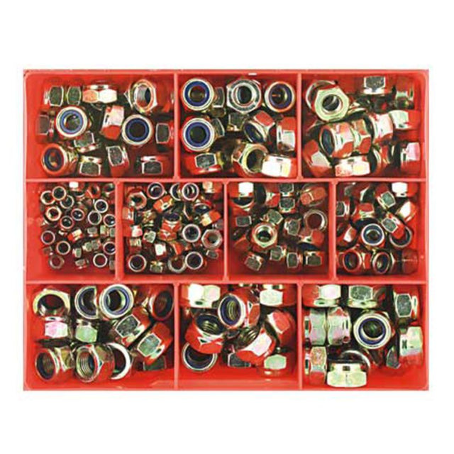 Champion 270pc self-locking nut assortment in various sizes, featuring durable nylon inserts and zinc plating for secure fastening.