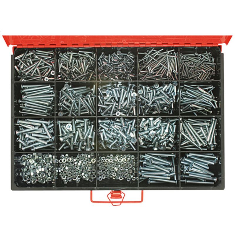 High-quality 1650-piece metric screw and nut assortment with diverse sizes, zinc plated for durability and corrosion resistance.