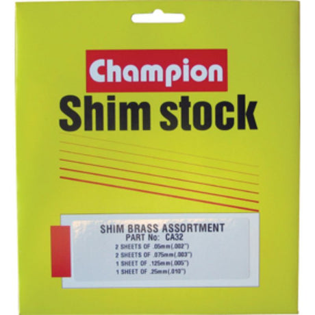 Versatile Champion Brass Shim Assortment with 6 sheets in 4 thicknesses, ideal for precision adjustments in projects.