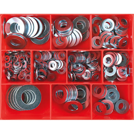 Champion 330pc Metric/Imperial Flat Steel Washer Assortment with zinc-plated washers in 10 sizes, perfect for various projects.