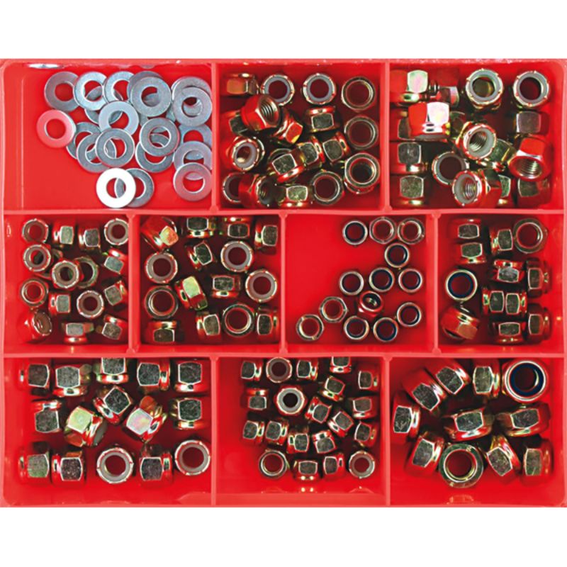 Comprehensive 166pc self-locking nut assortment featuring nylon inserts and zinc plating for reliable fastening in various sizes.