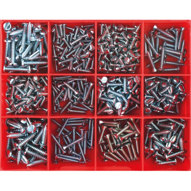 Champion 420pc Slotted Self Tapping Screw Assortment with 12 sizes, zinc plating, for durability in various materials.