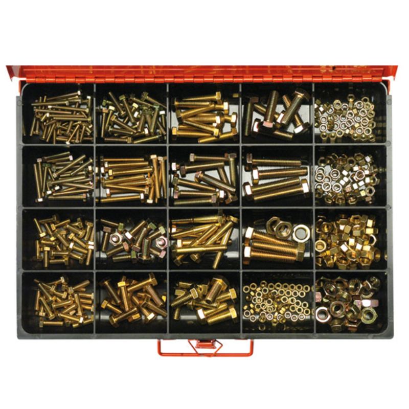 Comprehensive 431-piece metric bolt, set screw & nut kit in 17 sizes, featuring high-tensile, zinc-plated components.