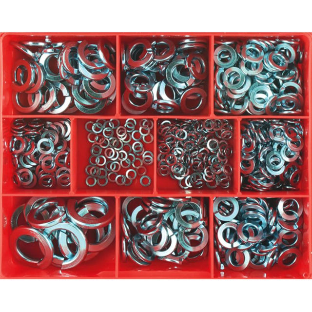 535-piece zinc-plated spring washer assortment in 11 sizes, perfect for secure fastening in DIY and professional projects.