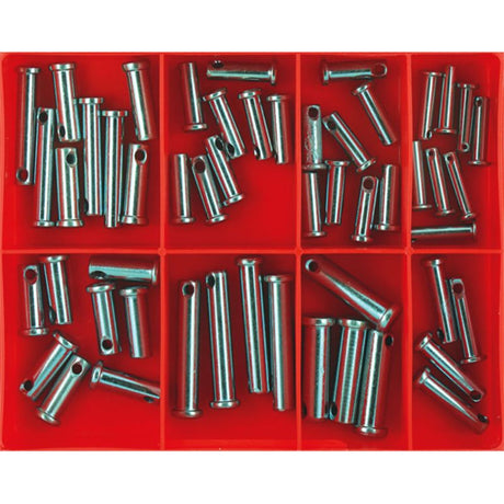 Champion 52pc Imperial Clevis Pin Assortment featuring zinc-plated pins in 9 sizes for versatile fastening solutions.