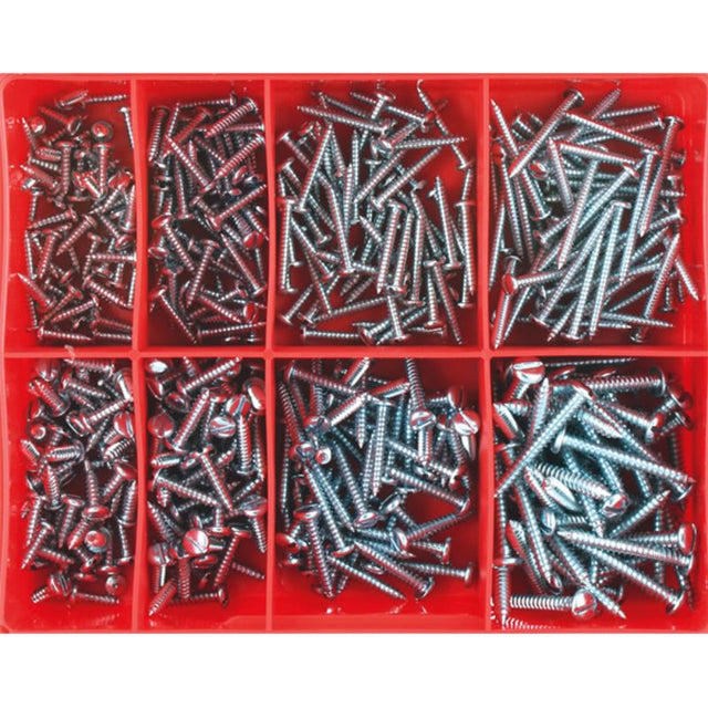 Champion 400pc Slotted Self Tapping Screw Assortment, featuring zinc-plated screws in 8 sizes for versatile fastening tasks.