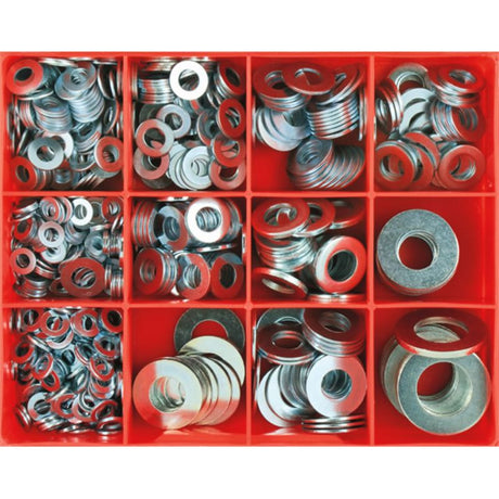 695-piece flat steel washer assortment in various sizes, perfect for DIY, construction, and mechanical projects. Zinc-plated for durability.