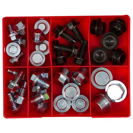 Champion 40pc Drain Plug Assortment featuring assorted zinc-plated steel plugs for automotive and marine use, suitable for late model vehicles.