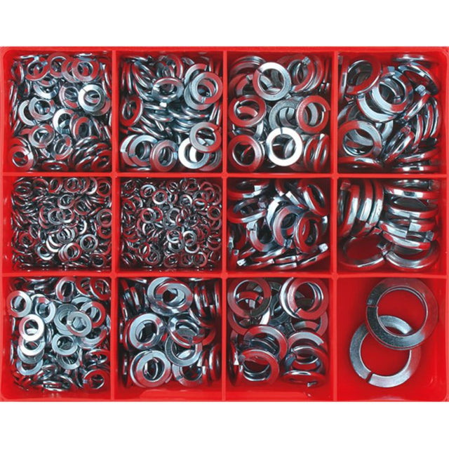 Champion 933pc Metric/Imperial Spring Washer Assortment, zinc-plated, 12 sizes for automotive and home projects.