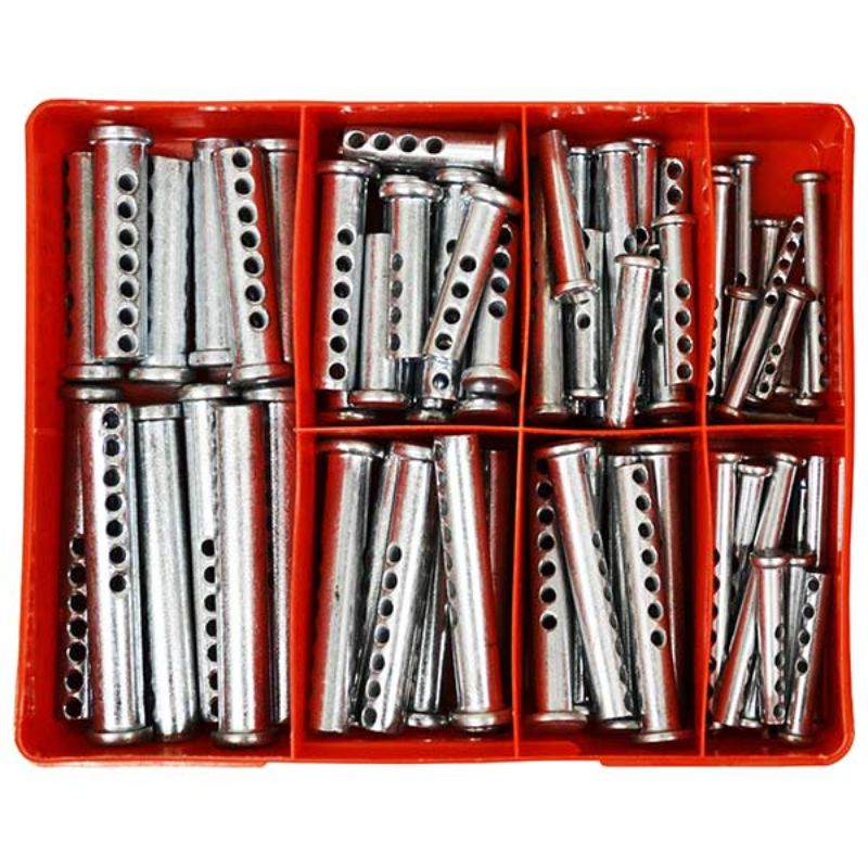 72-piece zinc-plated clevis pin assortment in 12 sizes, ideal for construction and outdoor use. Perfect for DIY and professional tasks.