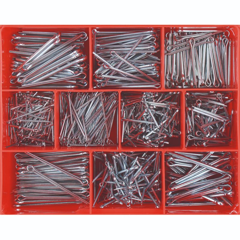 Assorted 795 premium zinc-plated split (cotter) pins in 10 sizes, perfect for reliable fastening in metric and imperial applications.