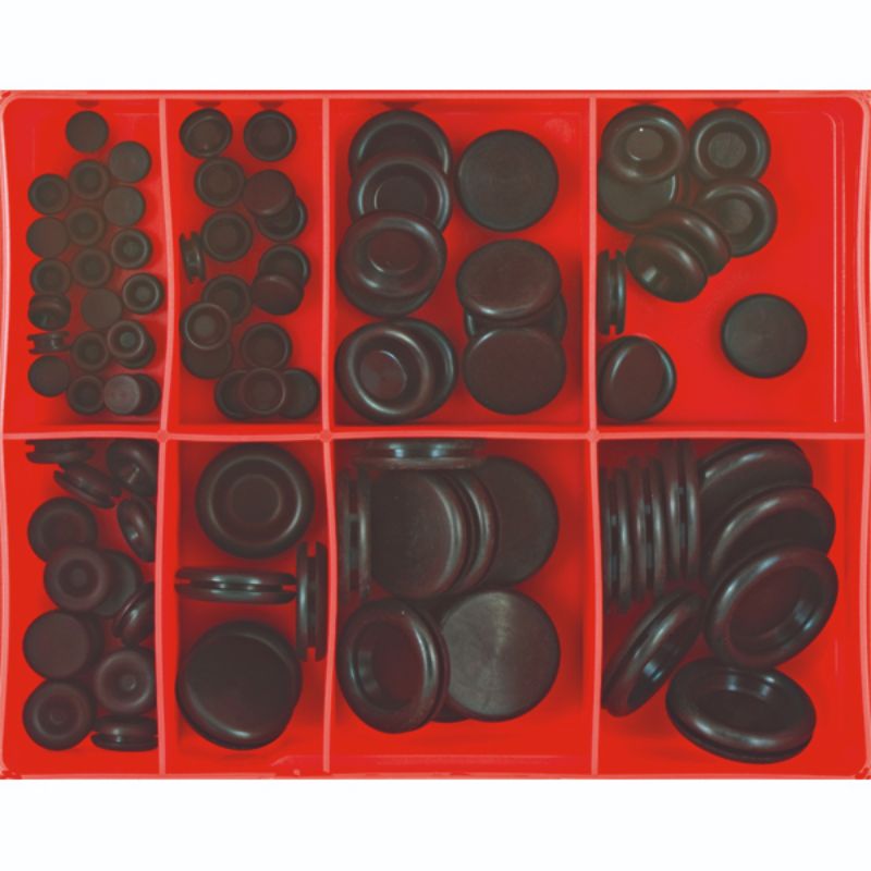 A set of 91 durable rubber grommets in 8 sizes for finishing panel holes and protecting wiring in various DIY projects.