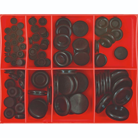 A set of 91 durable rubber grommets in 8 sizes for finishing panel holes and protecting wiring in various DIY projects.