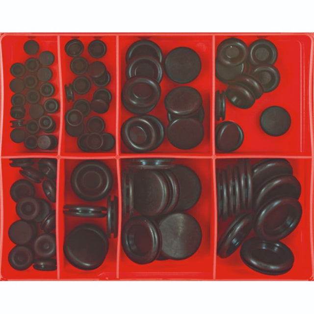 A set of 91 durable rubber grommets in 8 sizes for finishing panel holes and protecting wiring in various DIY projects.