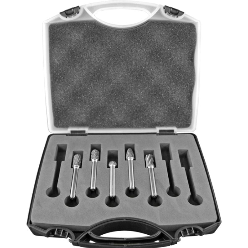 5pc Carbide Burr Set with 3/8in heads, ideal for precision cutting, refining, and detailing in metal and woodworking.