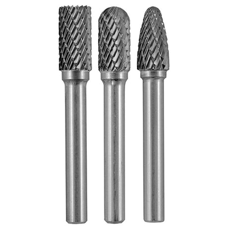 Set of three carbide burrs with 3/8-inch heads, ideal for metal shaping and precision cutting in various applications.