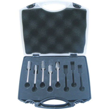 5-piece carbide burr set featuring 3/8 and 1/2-inch burrs with 1/4-inch shank for precision grinding and shaping tasks.