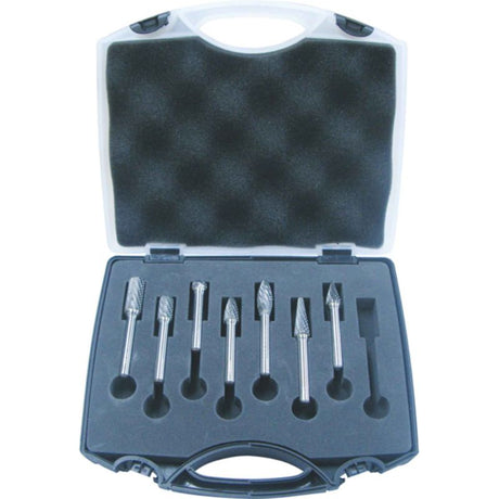 7-piece carbide burr set featuring various shapes for precision shaping, smoothing, and finishing in woodworking and metalworking.