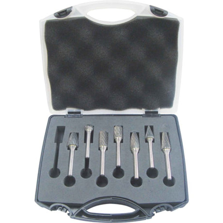 7pc Holemaker Carbide Burr Set featuring various shapes for wood, plastic, and metal, designed for precision and efficiency.